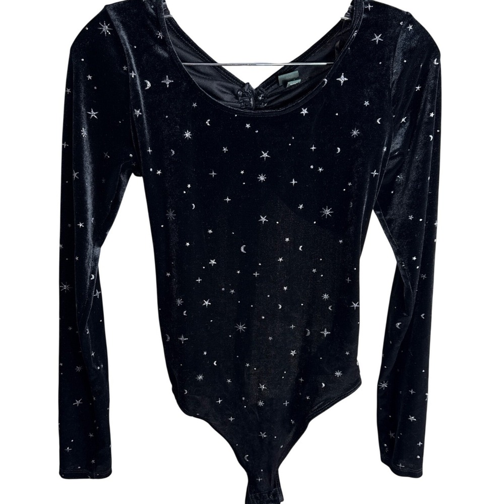 Wild Fable Black Velvet Celestial Star Moon Bodysuit Long Sleeve Scoop Neck XS
